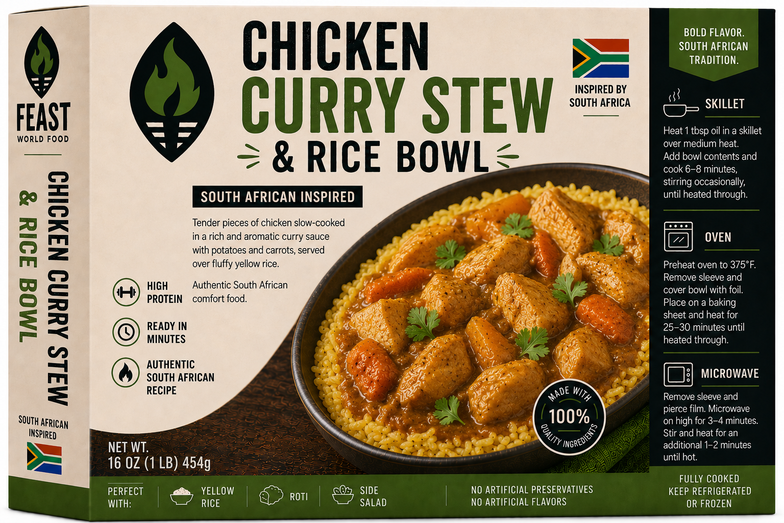 Feast chicken curry stew and rice bowl packaging